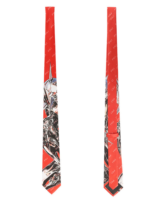 PILI Knight Print Tie in bold red, featuring a luxurious silk-texture finish.