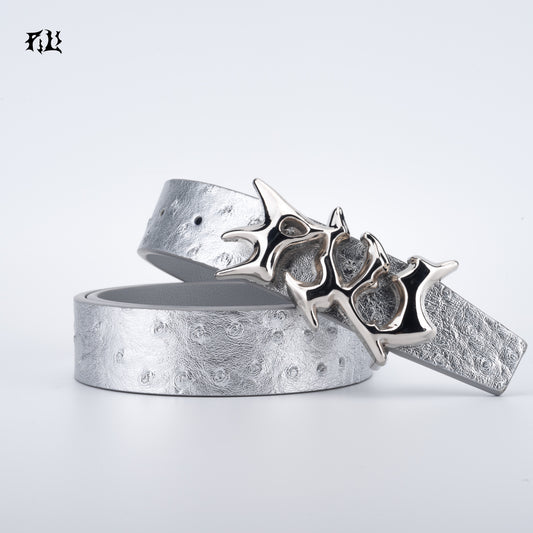 PILI Silver Belt Ostrich Print Leather Belt for men and women